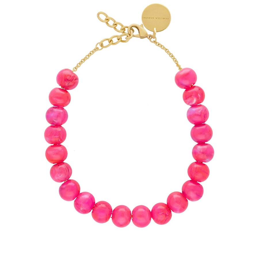 Vanessa Baroni Kette Small Beads Short, Fuchsia Marble, Vergoldet | Ketten