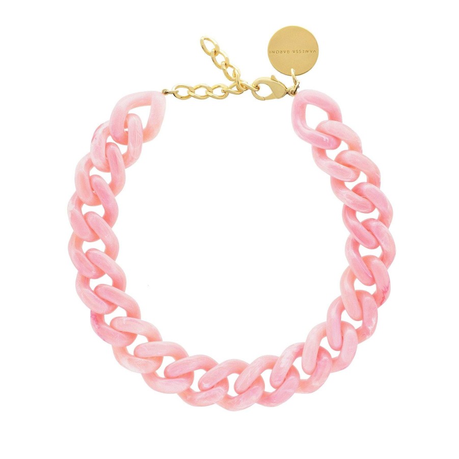 Vanessa Baroni Kette Flat Chain, Neon Pink Marble, Vergoldet | Ketten