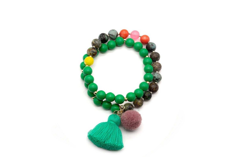 Schmückstück Armband Mala Twin Green Colour, Vergoldet | Armb Nder