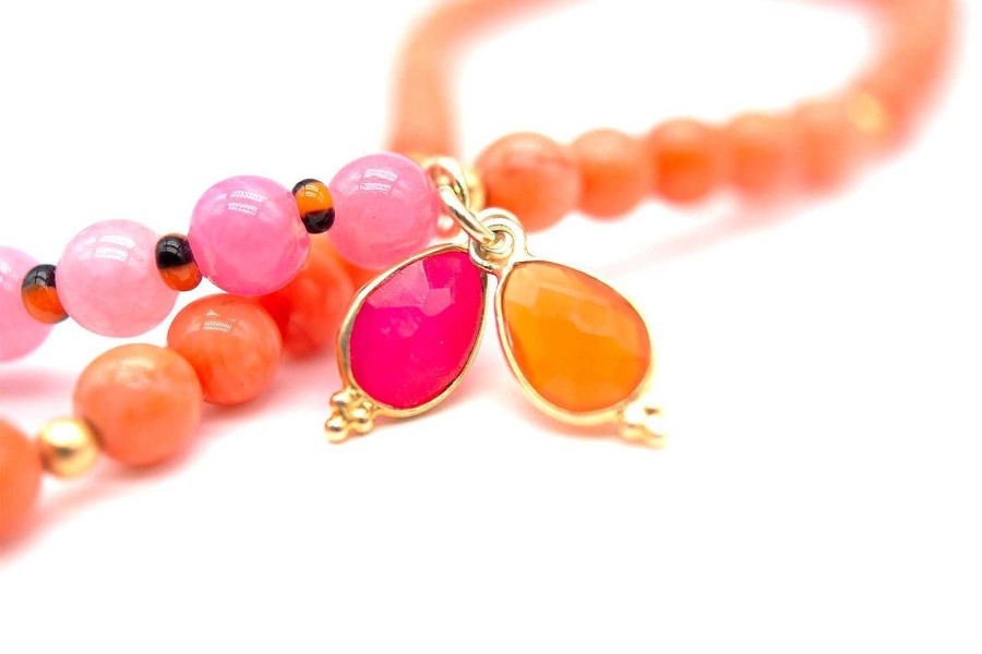 Schmückstück Armband Mala Twin Pink Orange, Vergoldet | Armb Nder